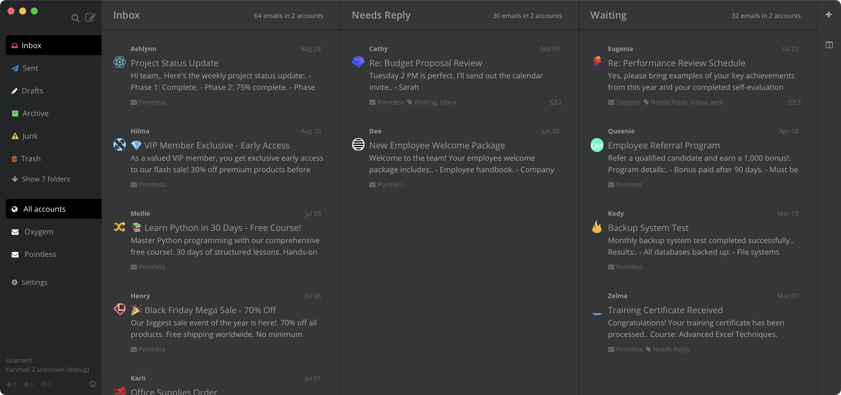 Kanmail screenshot: Kanmail inbox view