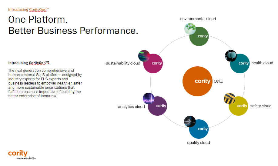 CorityOne is our integrated SaaS platform spanning the full spectrum of Environmental, Health, Safety, Quality, Sustainability, and Analytics across your organization to help your people and business thrive.