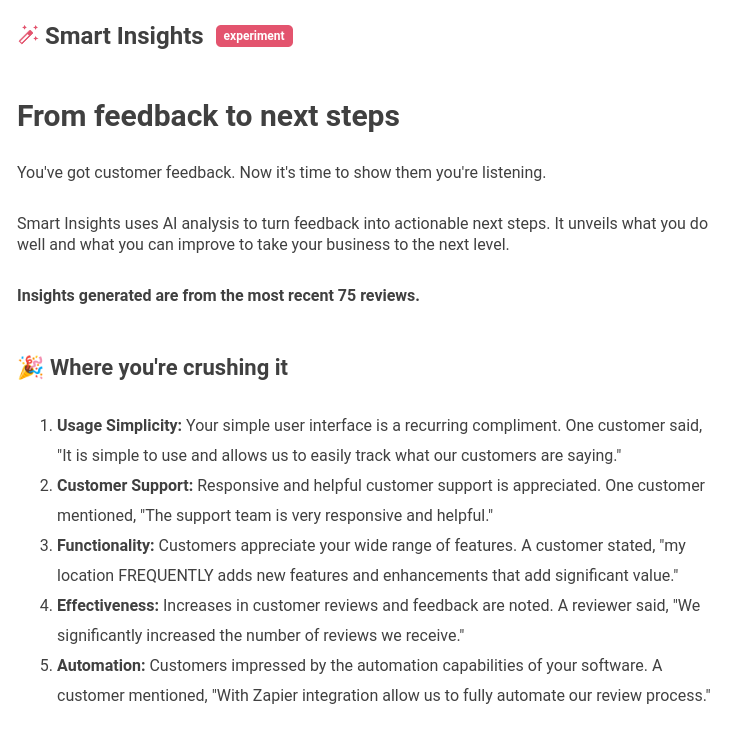 GatherUp's AI-generated Smart Insights provides a quick summary of the  business' reputation