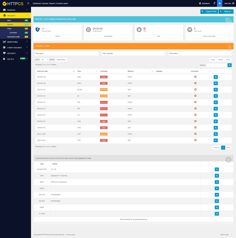HTTPCS Security Software - A Reports tab details filterable security flaw report logs for a given website itemized by discovery date and indicating criticality levels