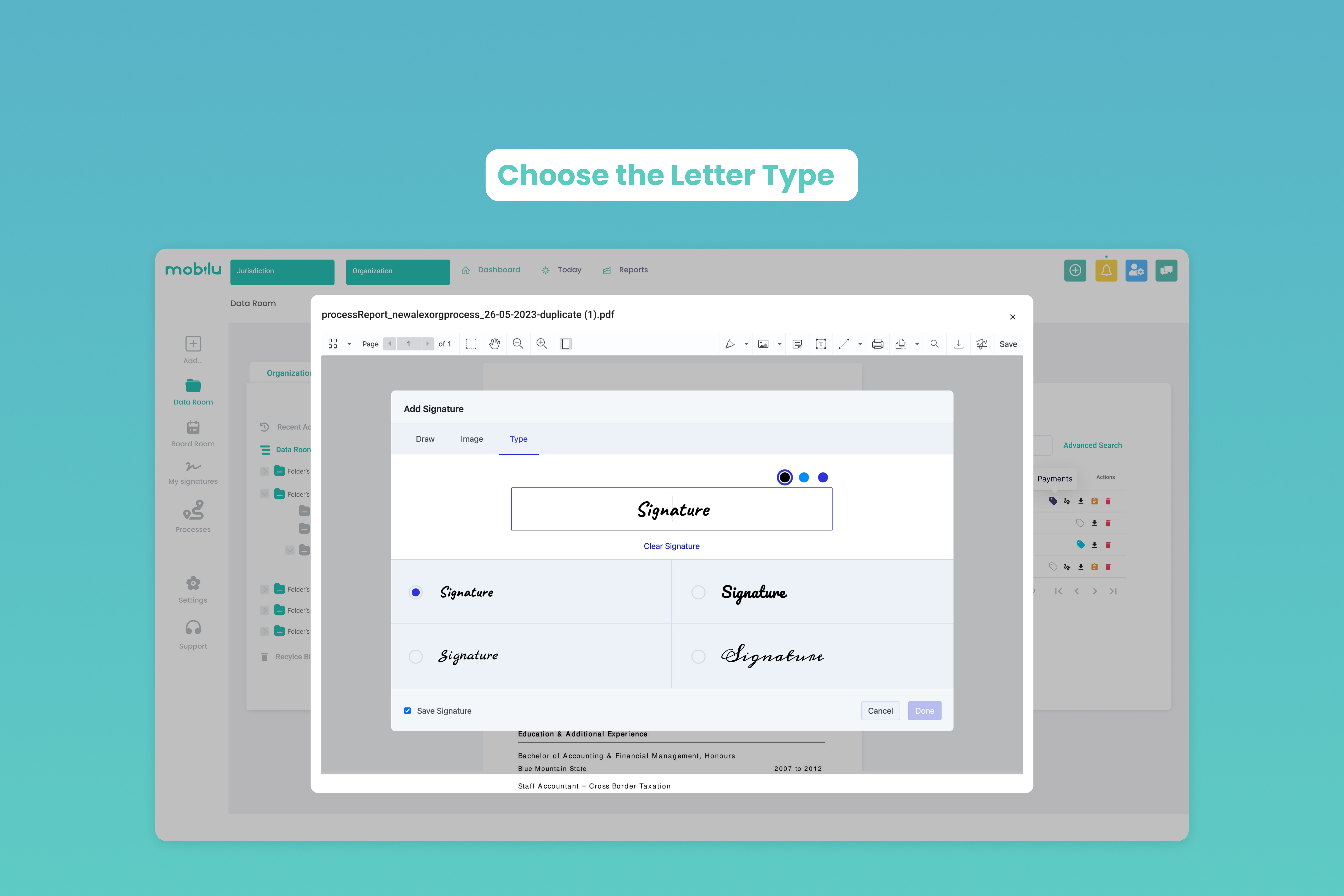 Mobilu Digital Signature choosing the letter type