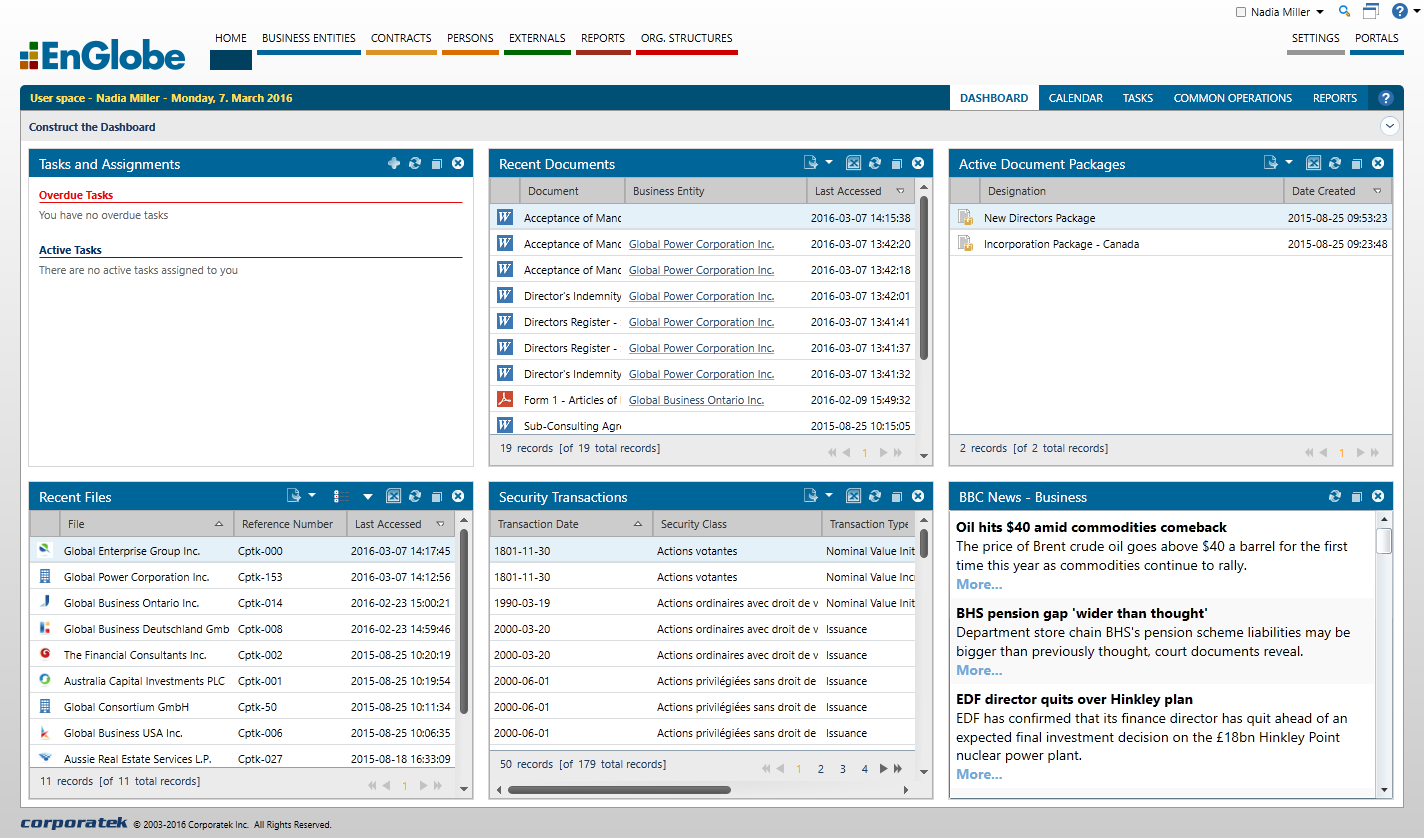 EnGlobe Software - User dashboard