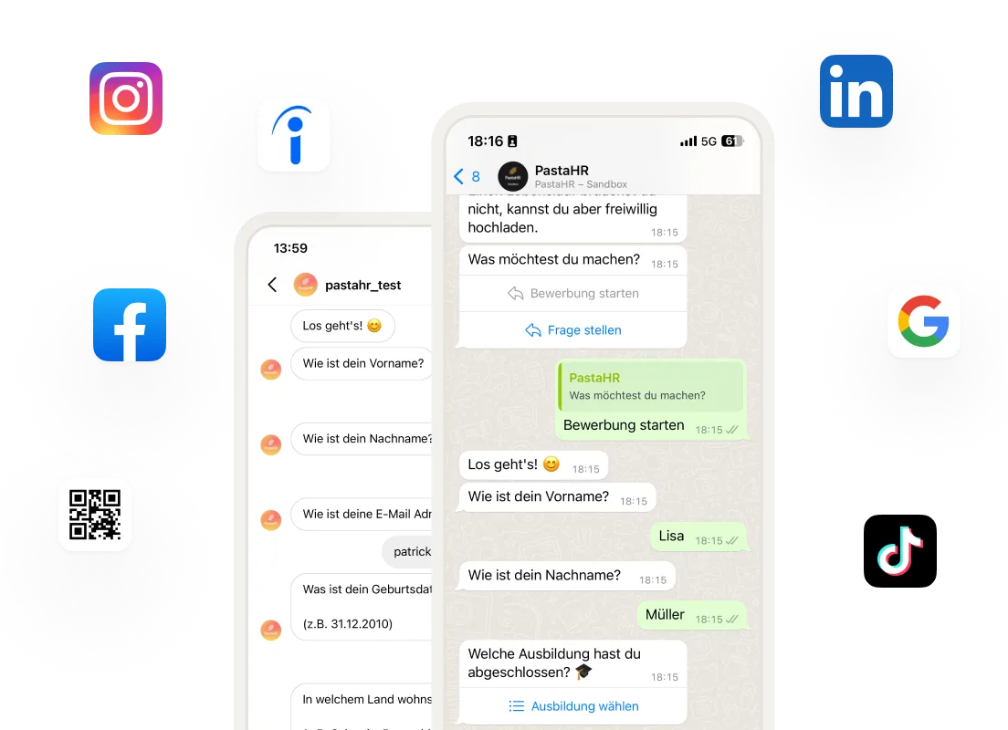 PastaHR screenshot: Screenshots on two mobile phones with ongoing PastaHR job application on Whatsapp and Instagram. The phones are surrounded by the logos of the platforms from which the application can be started: Instagram, Indeed, Facebook, Linkedin, Google and Tiktok.