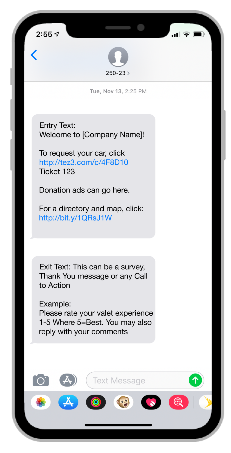 SMS Valet screenshot: SMS Valet welcome messages