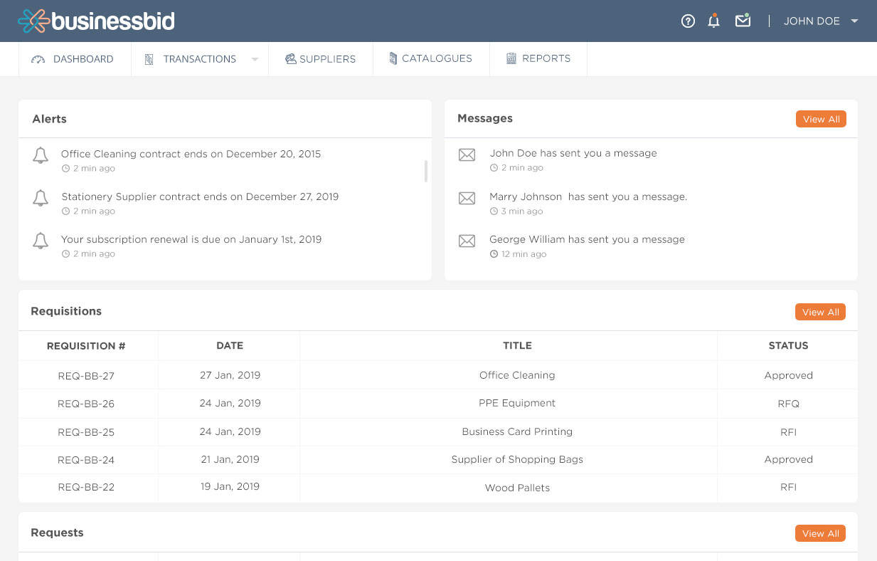 BusinessBid Software - BusinessBid dashboard