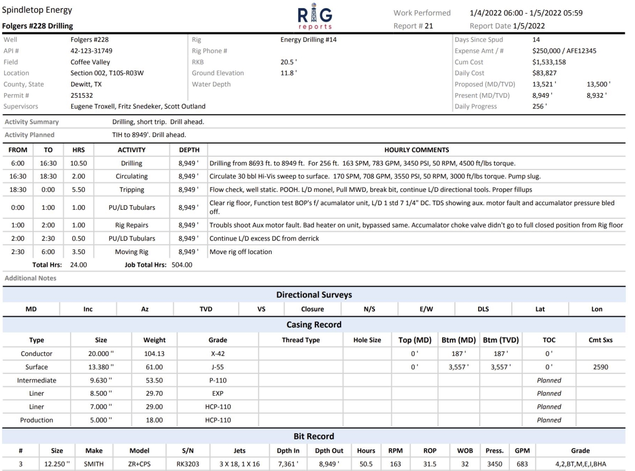 RigReports screenshot: RigReports view reports