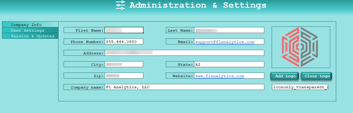 Full application administration section for adding company information and logo, version control with one-click  updating, and user settings to control the location of application folders and PDF invoice storage.