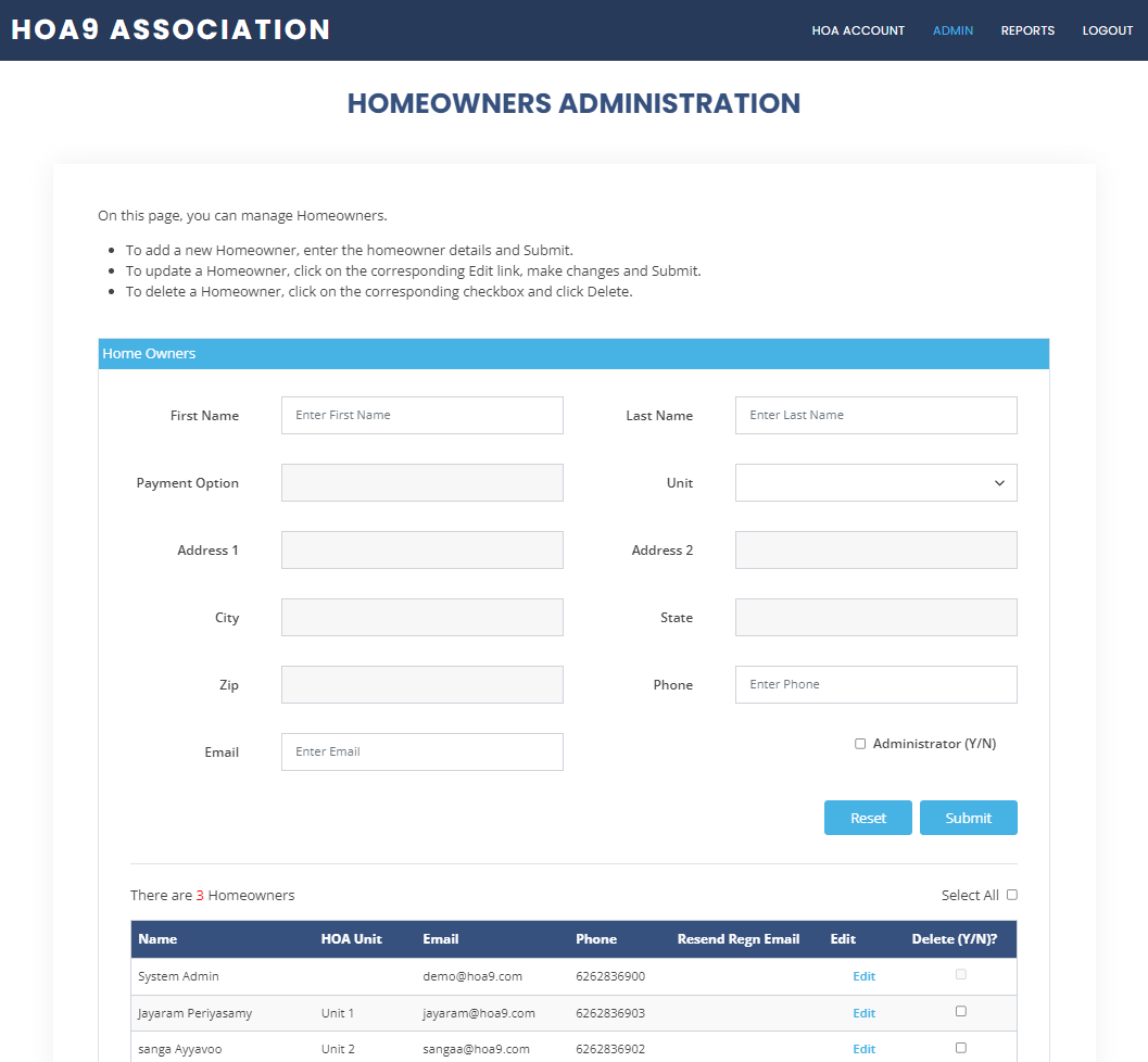 Homeowners Administration page where Administrator can add/remove/update Homeowners