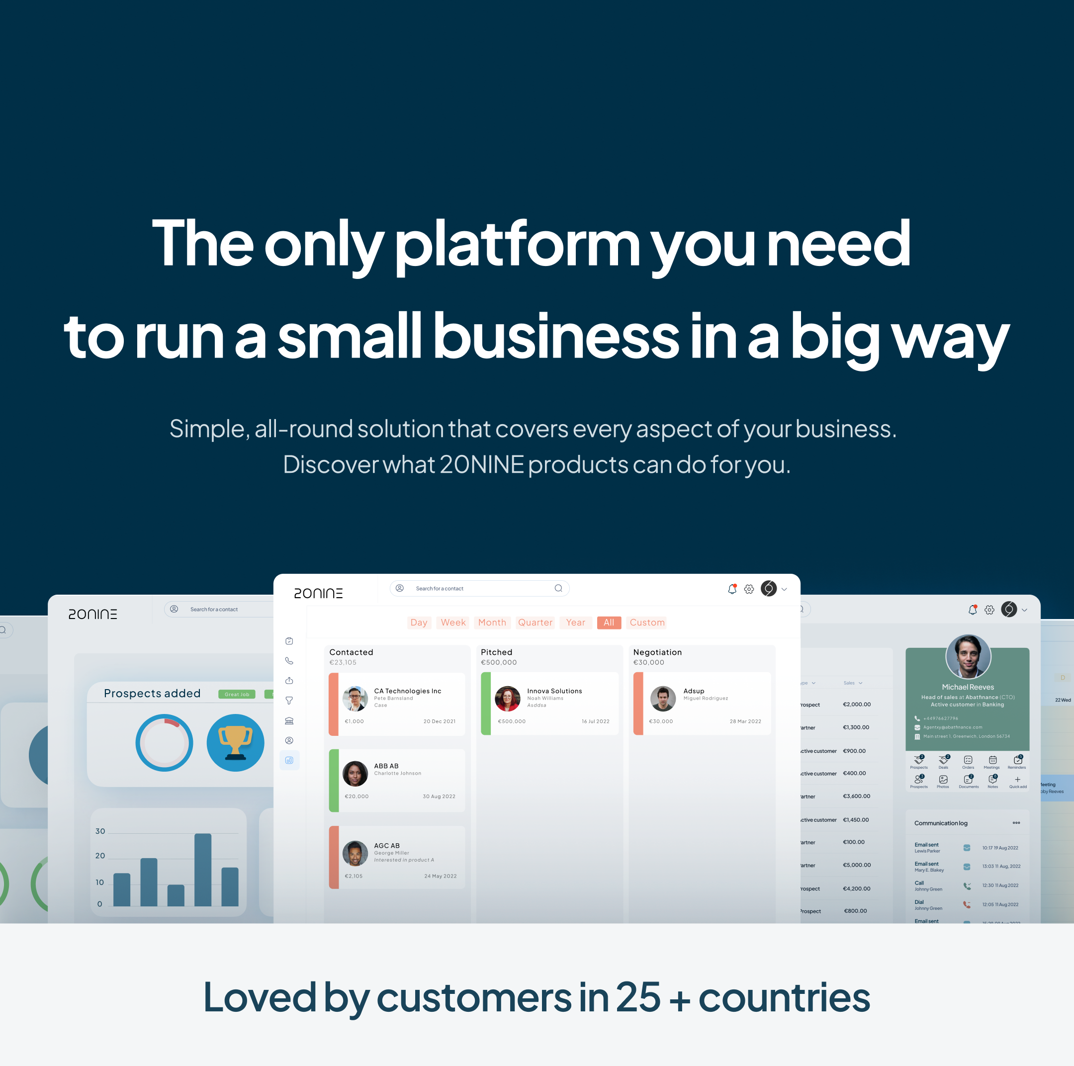 20NINE screenshot: 20NINE the Work Platform - Different modules to manage sales, prospecting, document/contract management, e-signing, marketing, recruitment, CV/consultant management, support/customer service.