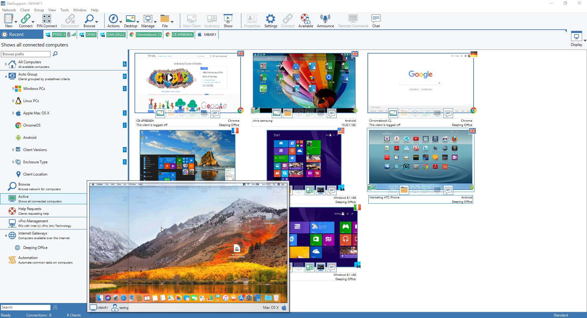 NetSupport Manager Software - NetSupport Manager Thumbnail View - Mouse over a selected PC to zoom your view.