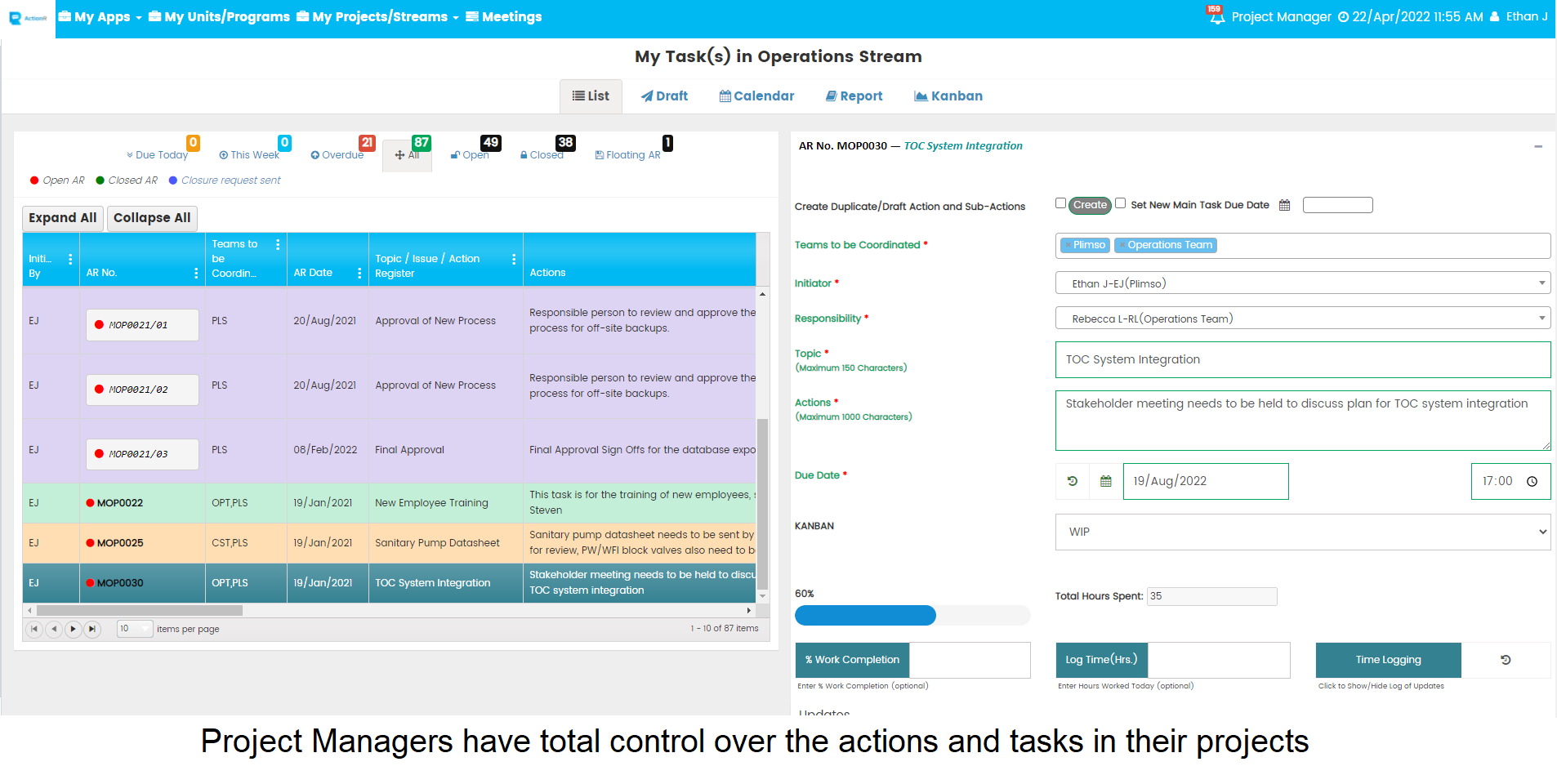 ActionR Software - Open Action - Project Manager View