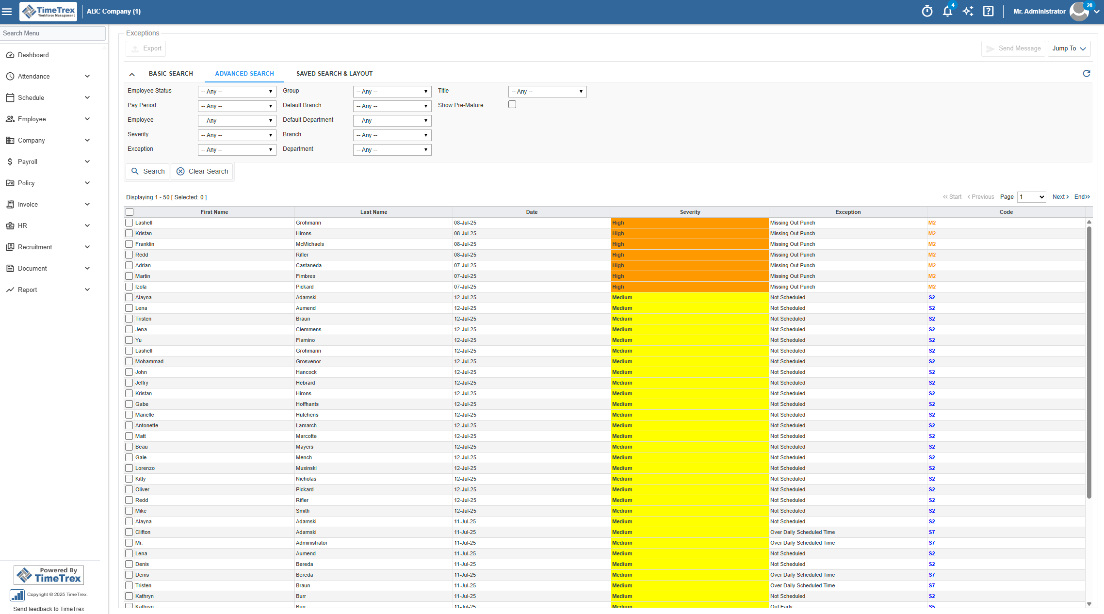 TimeTrex Software - Exceptions Advanced Search