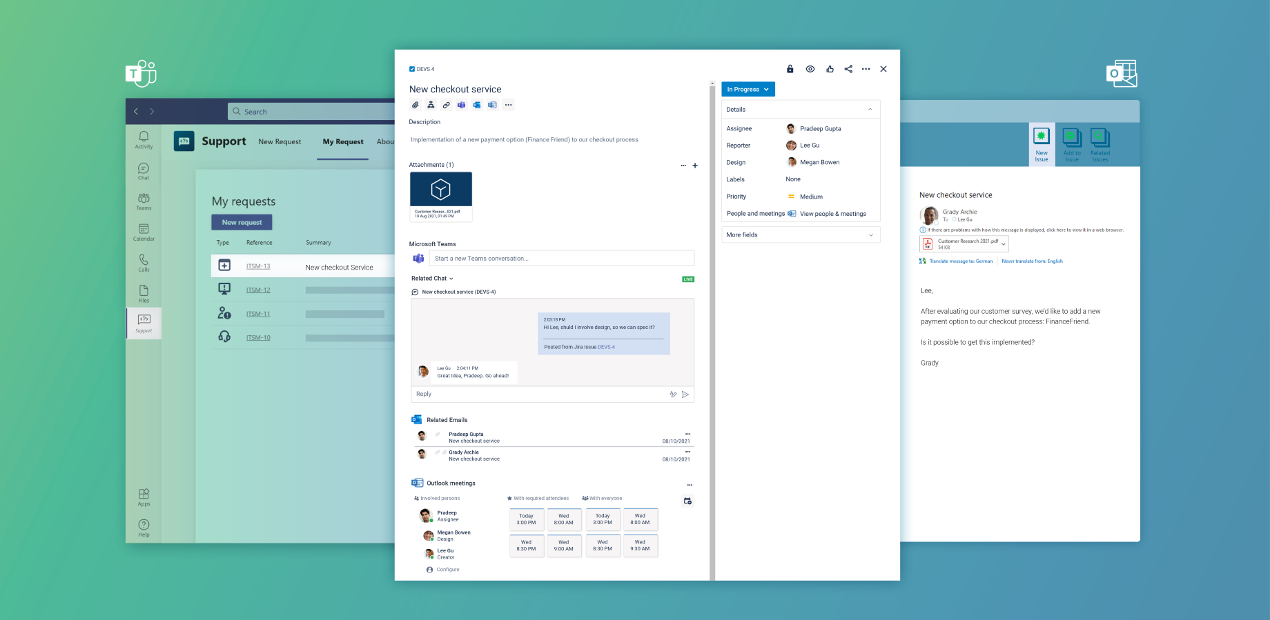 Chat in Jira Service Management for faster ticketing: Bundle incoming tickets from Outlook or Microsoft Teams in Jira. Open a Teams chat within the issue or schedule meetings with your customers. Add your JSM portal to Teams for easy ticketing.