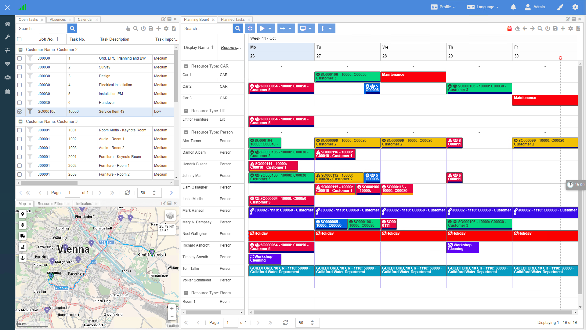 Comprehensive overview with the list of open tasks, locate where your resources are in the map and check the planning in the planning board.