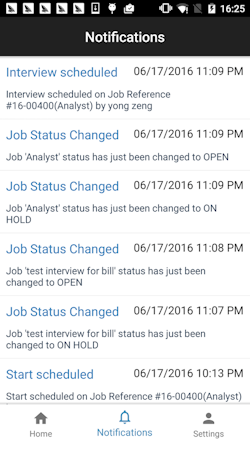 JobDiva screenshot: Receive automated alerts via push notifications