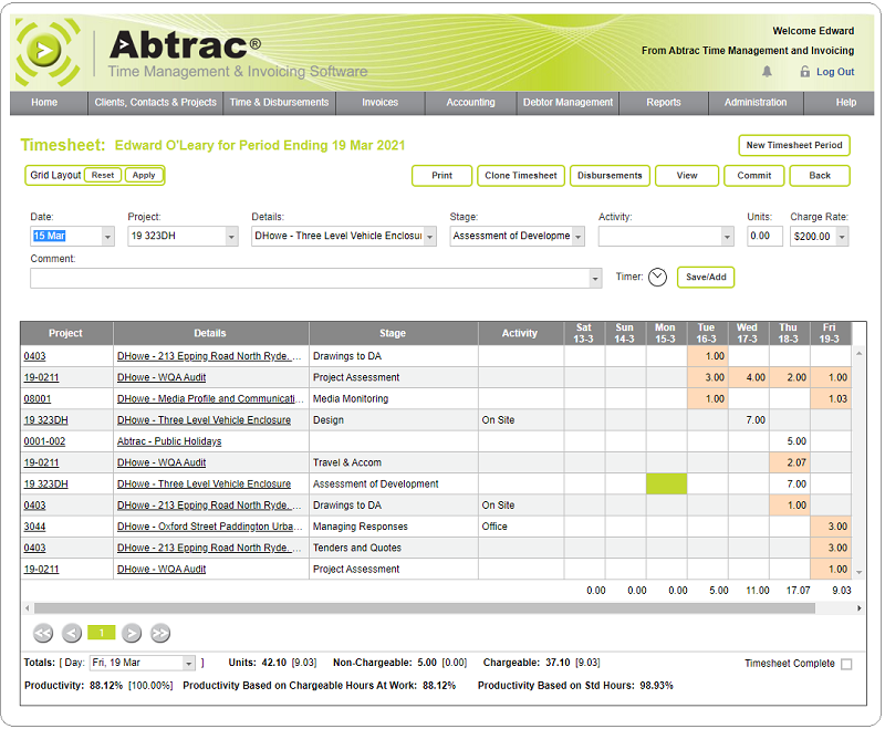 Time Tracking with Abtrac, one of 4 customisable layouts for timesheeets