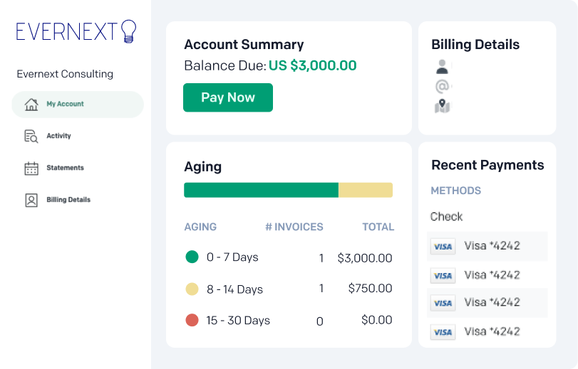 Self-serve customer portal: Streamline invoicing with an intuitive portal. Customers can make payments, set up AutoPay, download receipts and statements, and even manage subscriptions or update information, all in an easy-to-use, branded interface.
