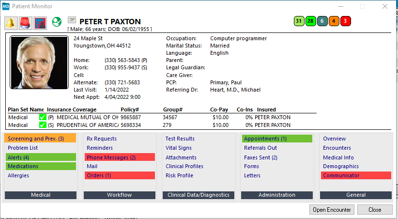 MicroMD screenshot: The Patient Monitor is a list of customizable shortcuts to various areas of a chart. Areas of the chart requiring attention “light up” to draw provider attention and allow for “single-click” navigation to the associated chart areas.