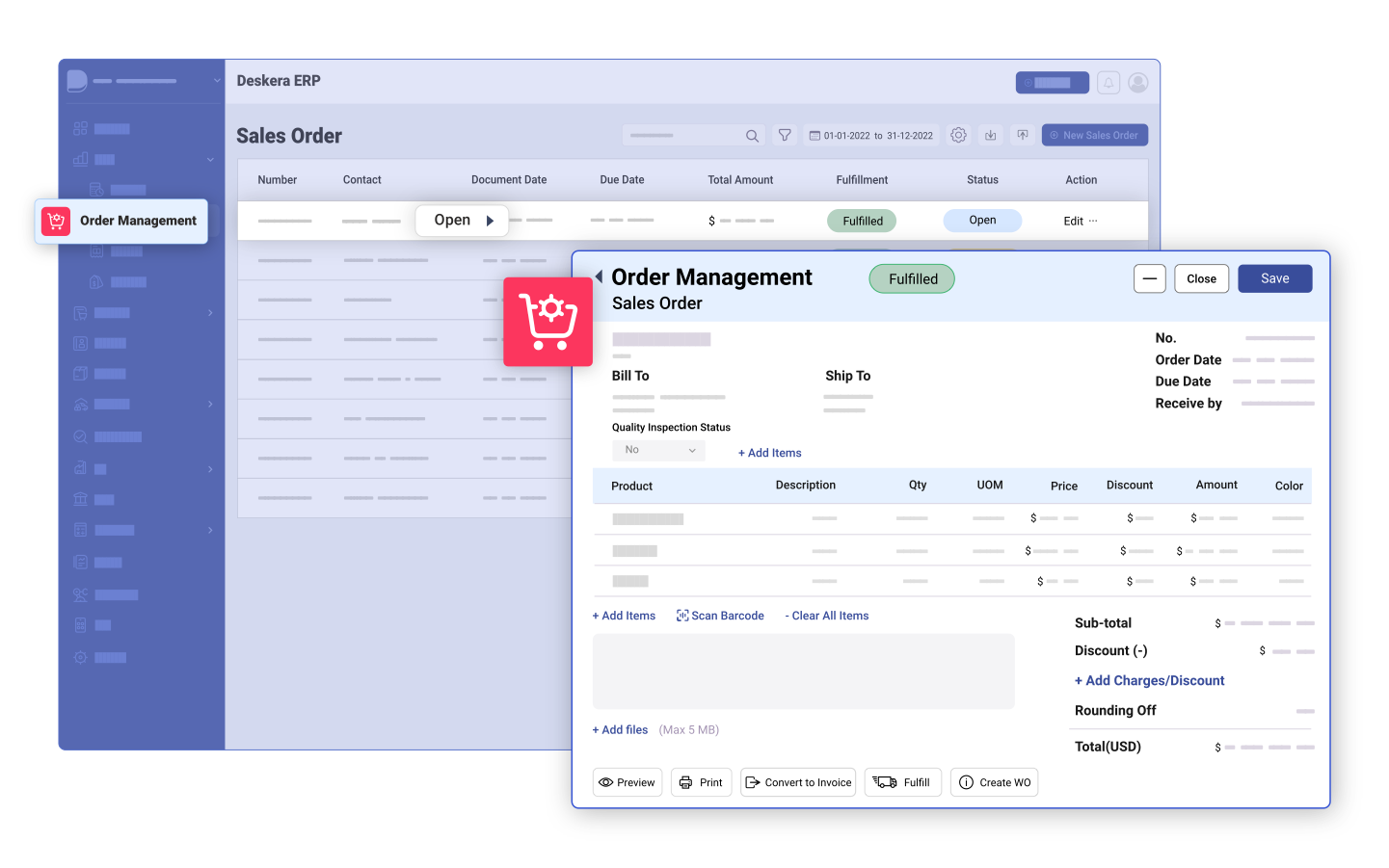 Manage all aspects of sales orders from multiple channels, including creation of shipments, pick-pack-ship, bill of lading and backorder tracking. Assign individual order numbers, generate picking lists, view statuses, and track delivery times.