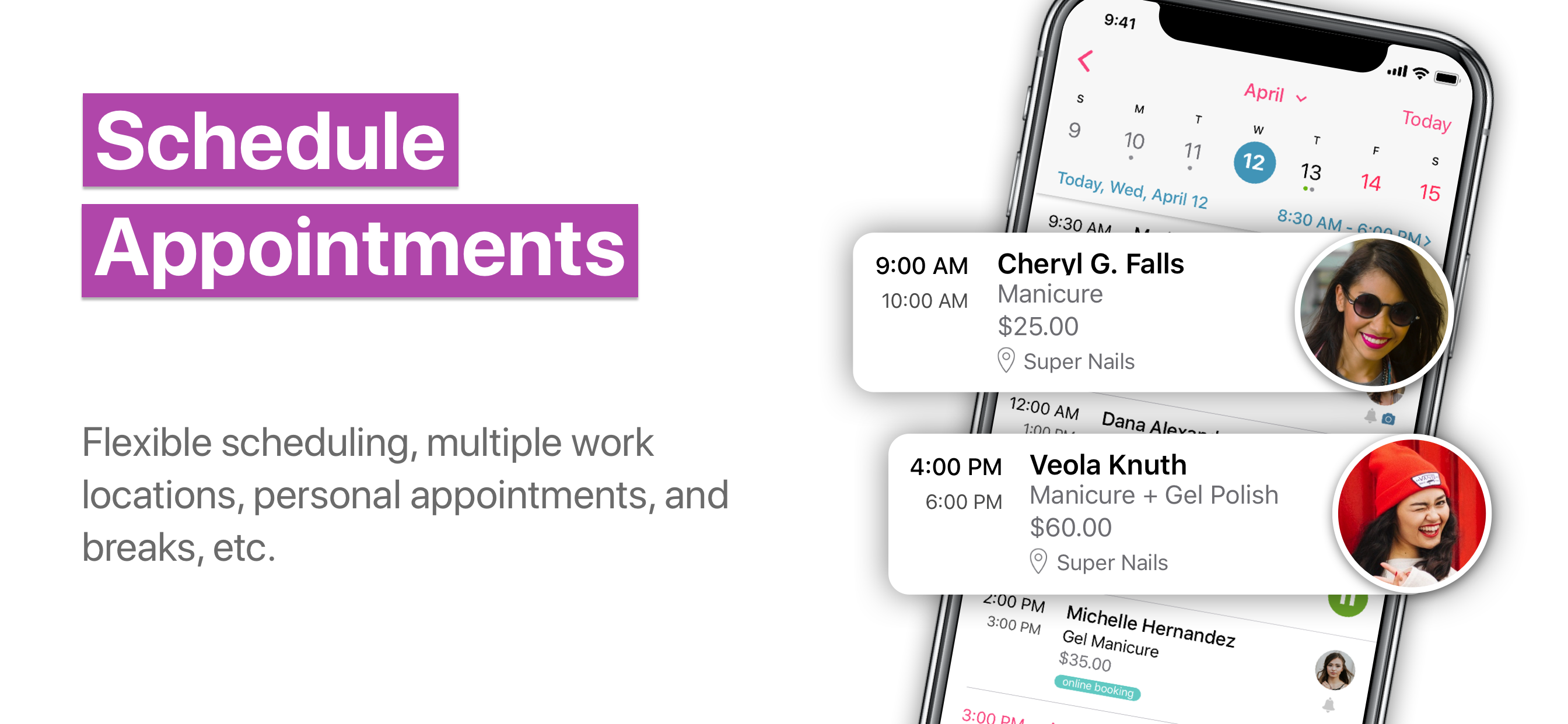 Masters Pro screenshot: Appointment scheduling within seconds! Flexible working hours, personal events, breaks after appointments, and multiple business locations.