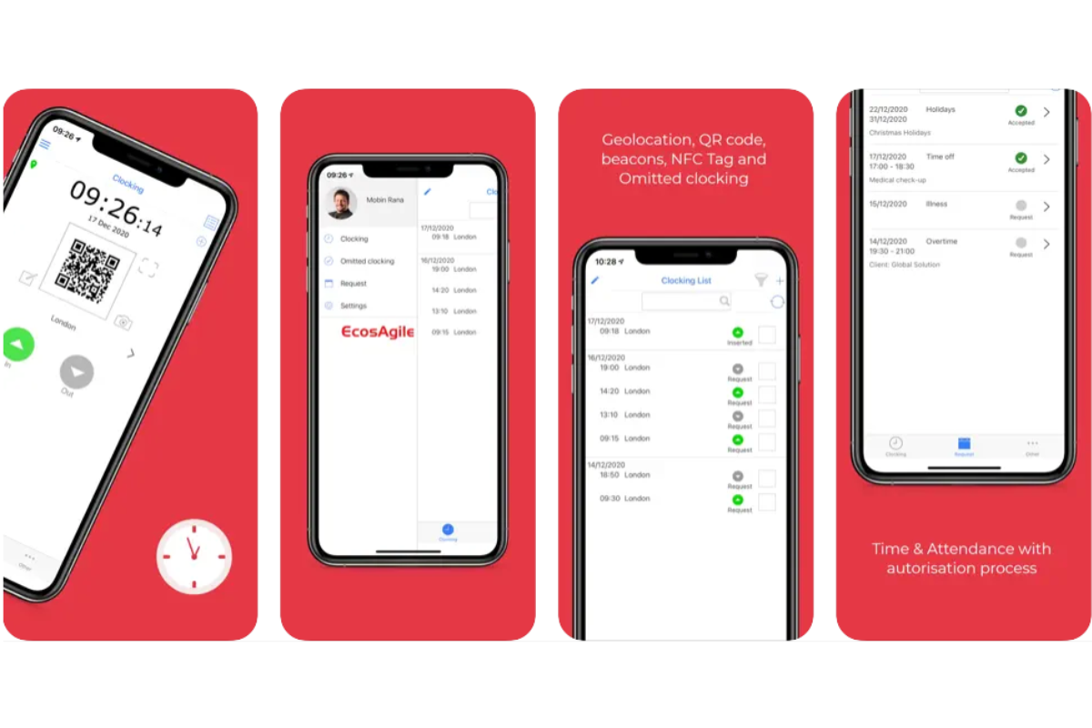 eTime screenshot: EcosAgile eTime is the app for attendance tracking, virtual clocking, and requests for holidays, smart working, and permits, integrated with EcosAgile software for efficient and complete staff management.