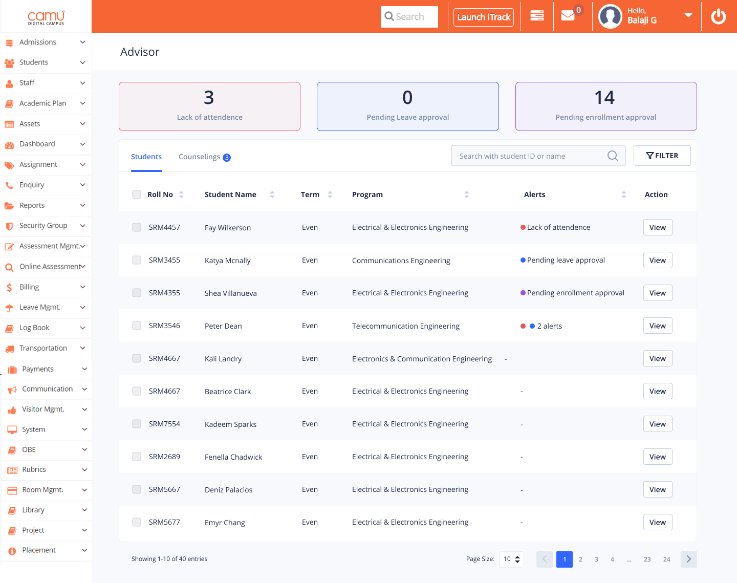 CAMU screenshot: Administrator/Advisor view of Courses in Camu
