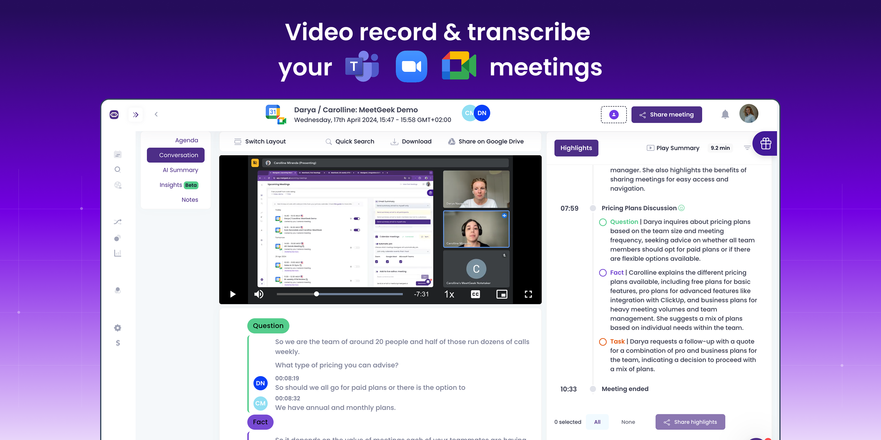 MeetGeek screenshot: Video record and transcribe your meetings