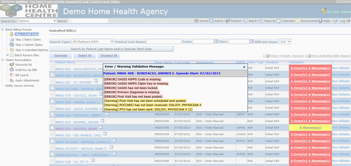 Home Health Centre Software - Pre-billing audit