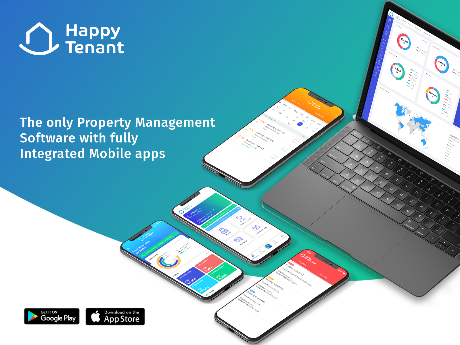 HappyTenant screenshot: An end-to-end property management eco-system with separate mobile apps for each stakeholder.