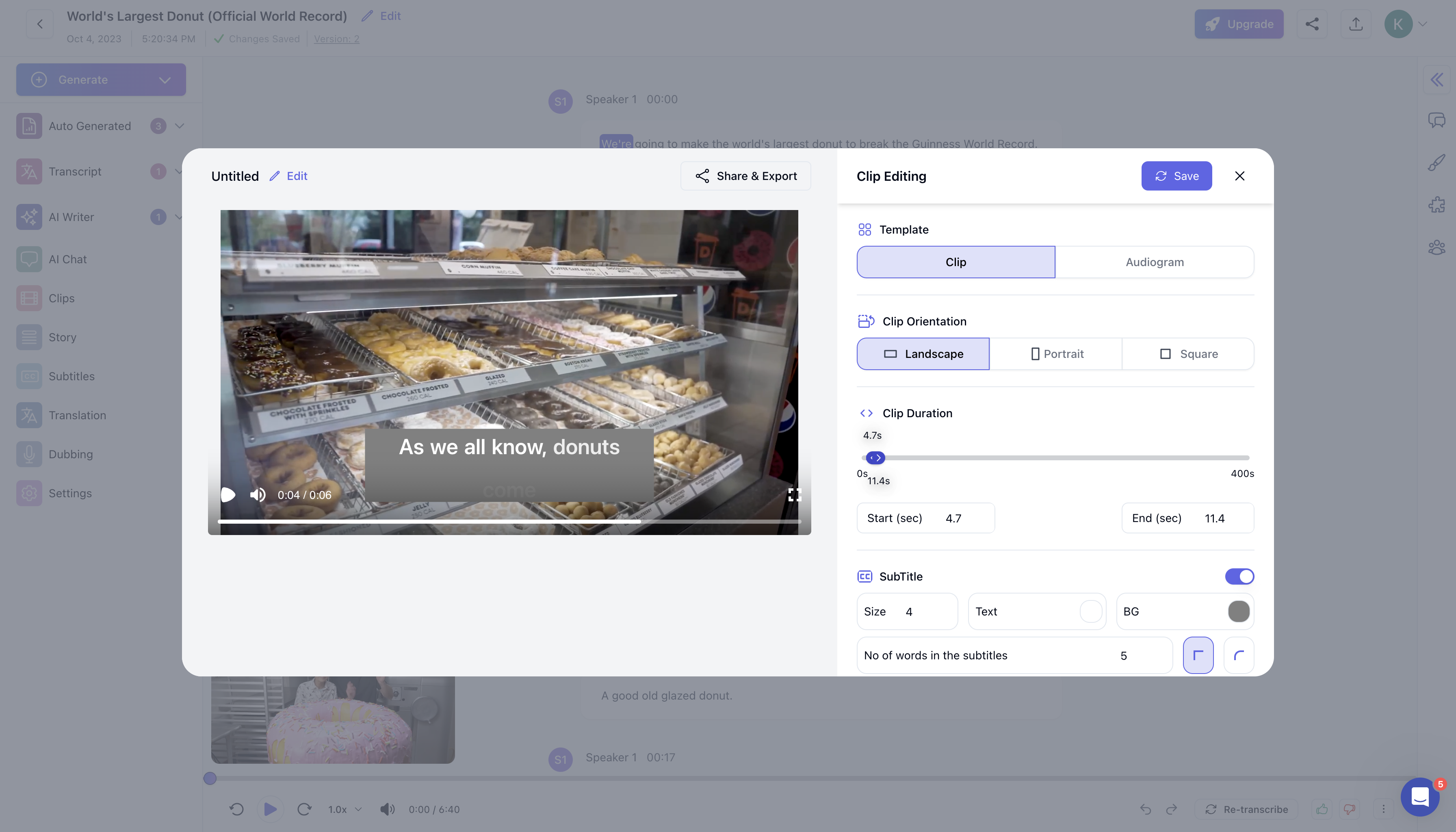 Our Clips feature allows you to create reels instantly for your social media handle. You can add subtitles and customise the dimensions of the reels.