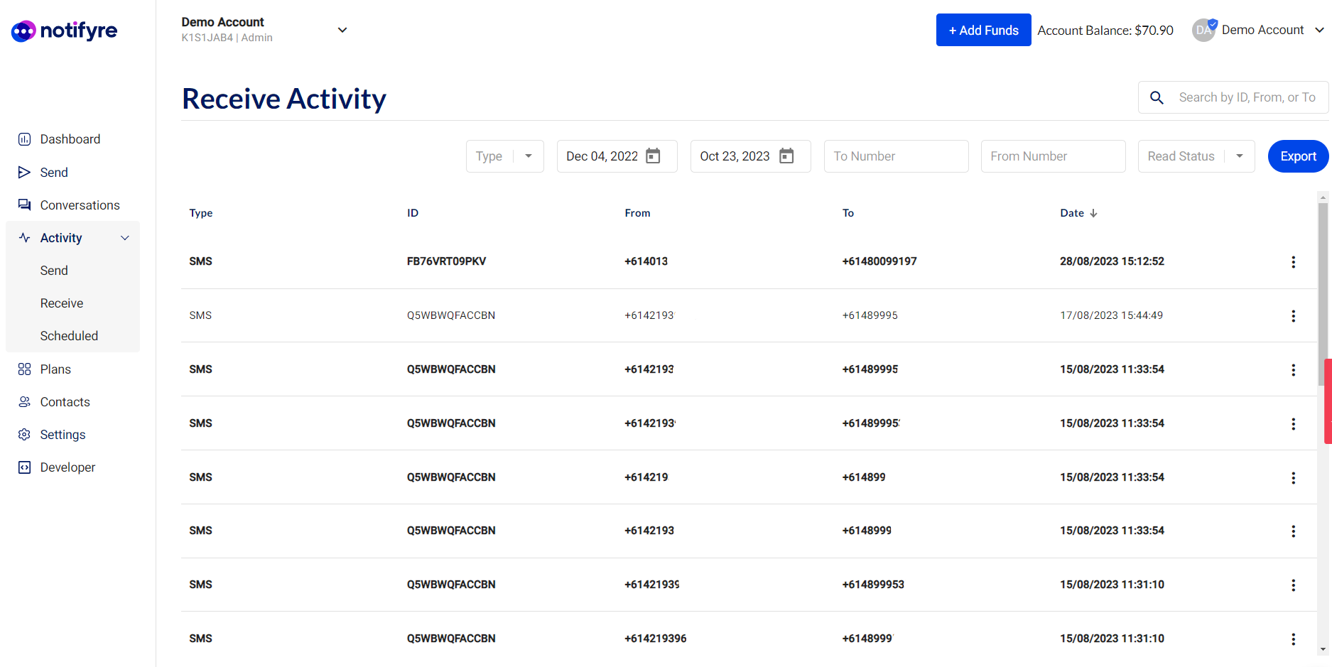 Notifyre Software - Send, receive and scheduled activity audit trails. Filter and export SMS and Fax activity for reporting.