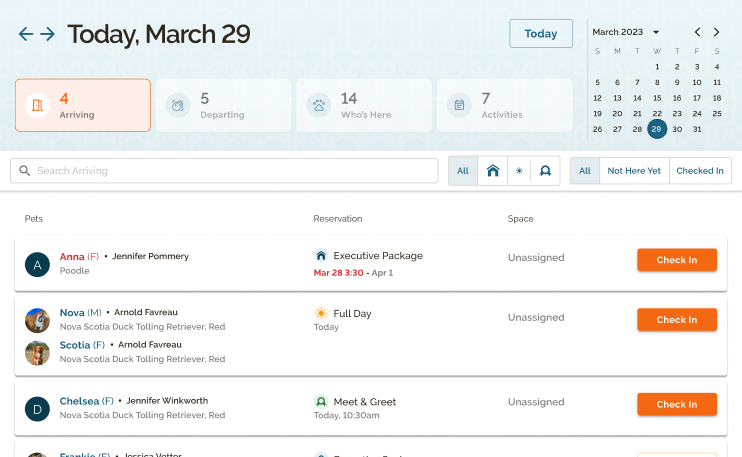 Goose screenshot: View arrivals, departures, and daily tasks through your daily dashboard. Advanced hover states lets you glance at key details.  It's easy to filter and print your schedule to handle tasks like activities, feeding, and medication so you never miss a beat.