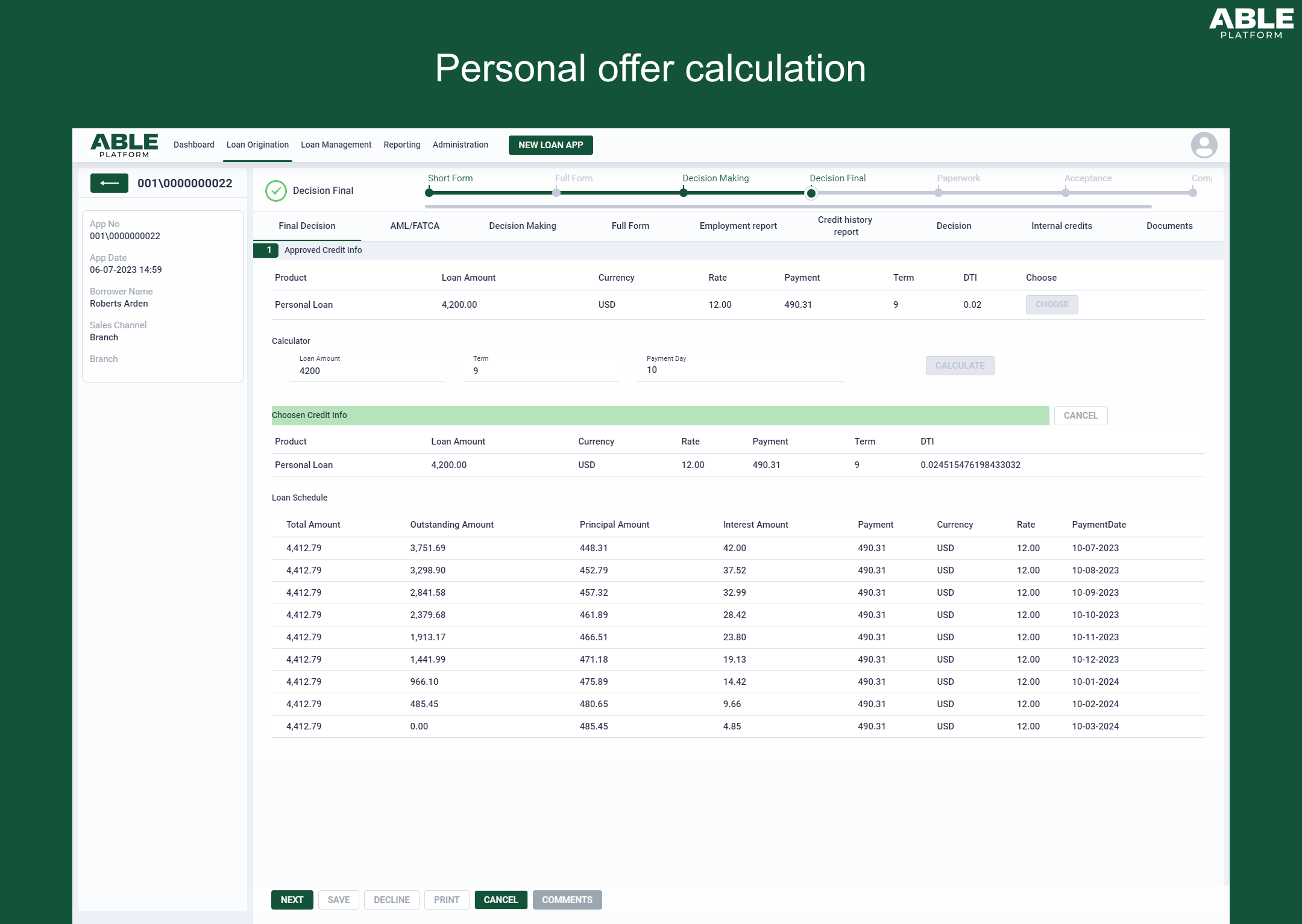 ABLE Platform Software - personal offer and amortization schedule calculation