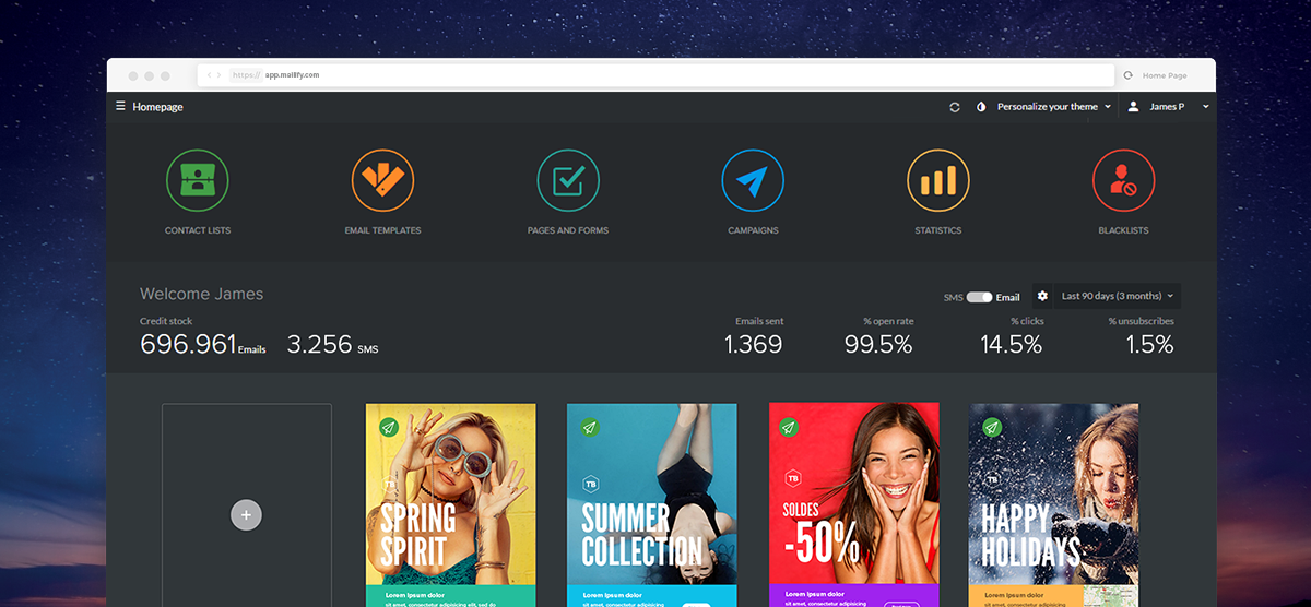 The main screen of the app, where you can see your last campaigns, check the main statistics or navigate through the menus.