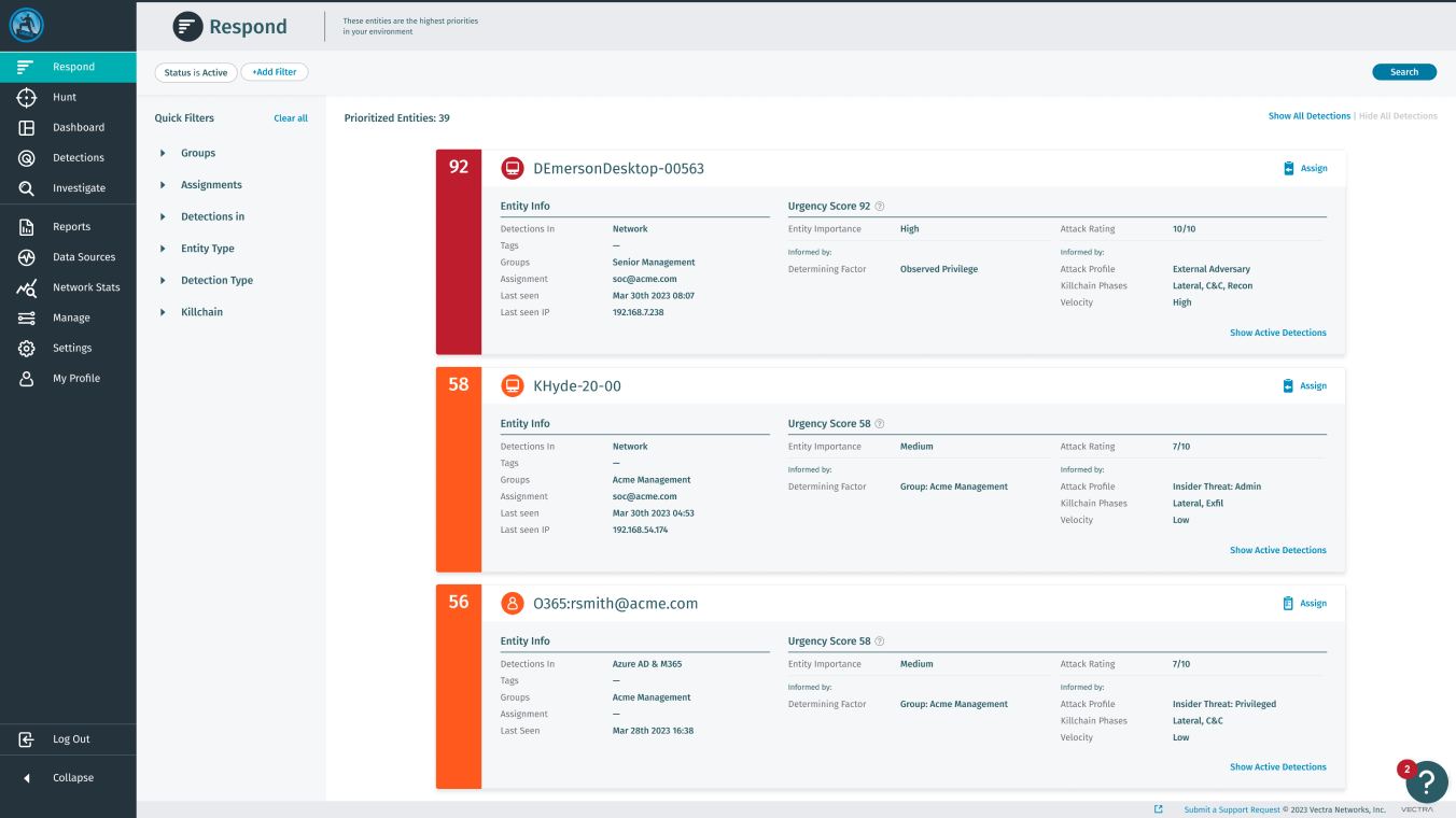 Vectra AI Platform screenshot: Vectra AI Platform respond page