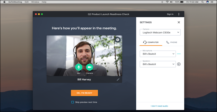 GoTo Meeting screenshot: Join Meeting Preview

Now you can choose how you enter a meeting. Audio through your computer or dial-in via phone. Turn your webcam on or off.