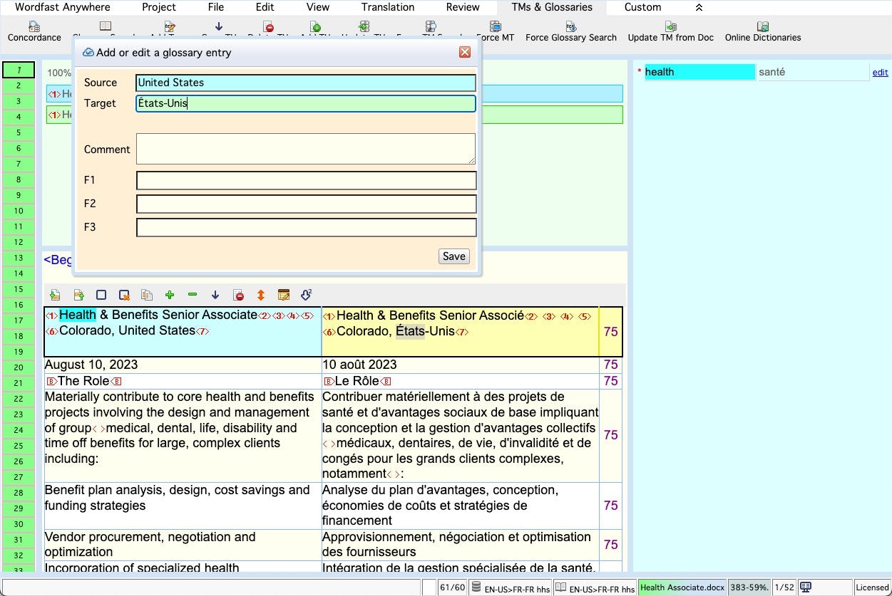 Wordfast Anywhere Software - Wordfast Anywhere adding terms to the glossary