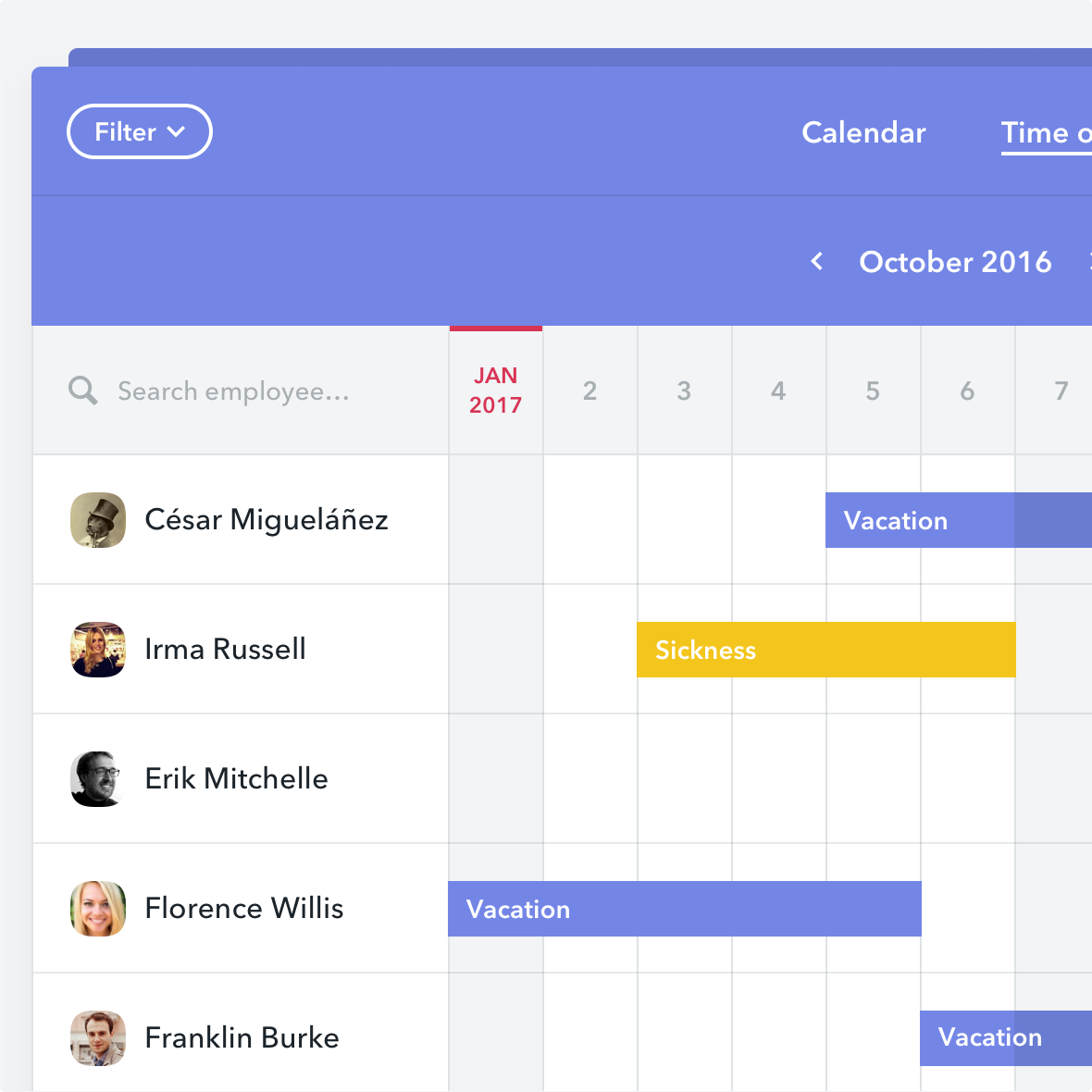 The time off manager helps simplify the management of holidays, absences and sick leaves within the company