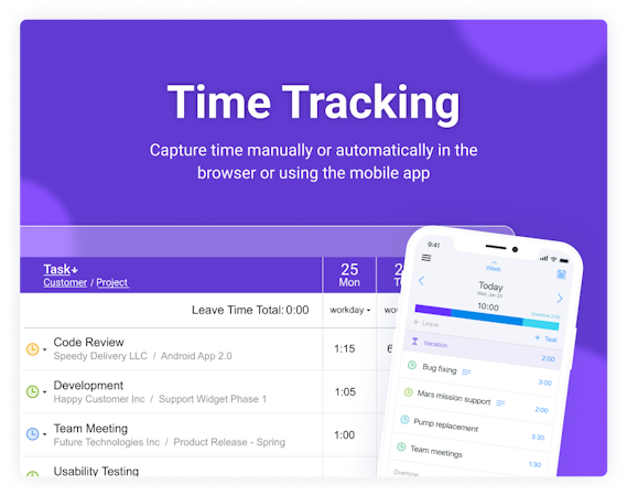 actiTIME screenshot: Choose between an online timesheet, a browser extension and a free mobile app. Record time spent in other apps and on the go. Ensure data accuracy and security with timesheet locking and approvals