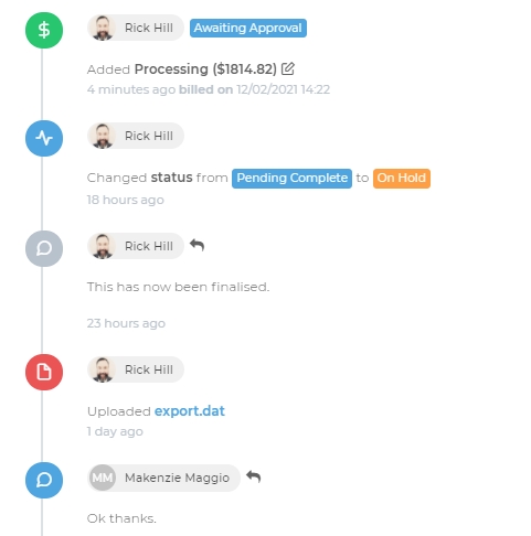 A Task Timeline shows a full audit of every action performed on the task including chat, file sharing, billable activities and more