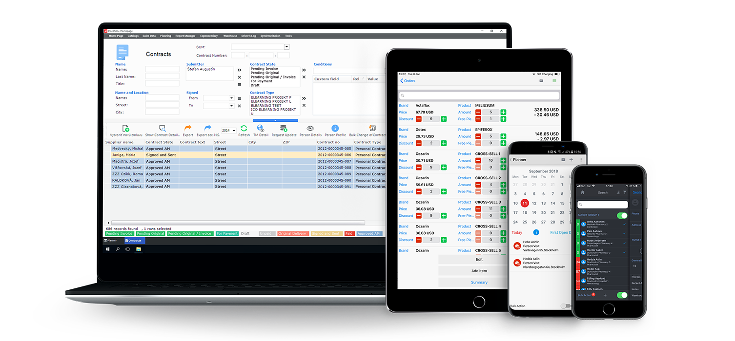 Inception CRM supports the end-to-end operations of life science sales teams, from activities and pharmacy orders to customer contracts. It's fully-native applications are available on iOS/iPadOS, Android and Windows PCs.