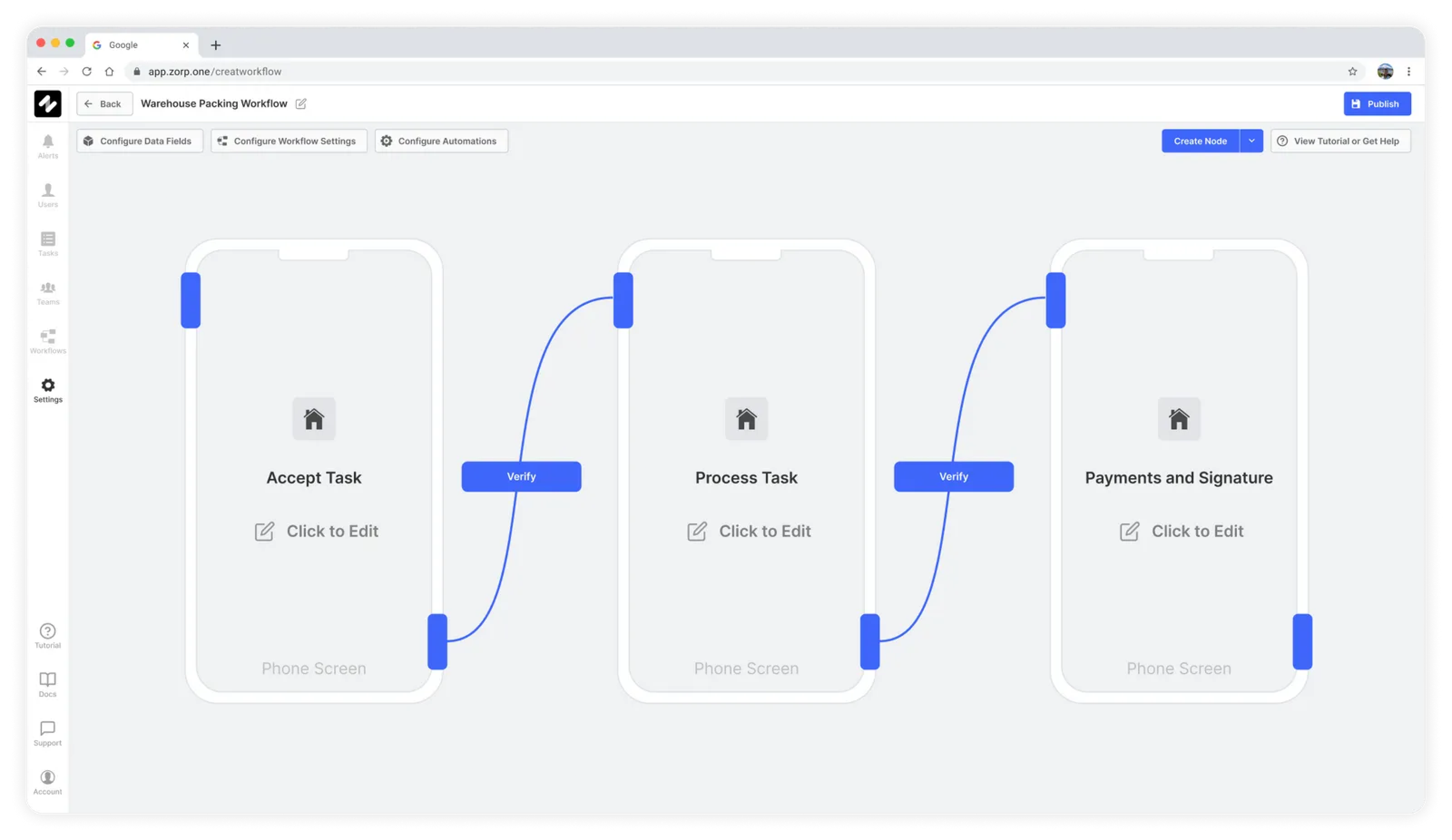 Visually design your workflows using the drag and drop workflow builder.