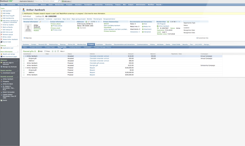 Blackbaud CRM Software - Blackbaud CRM prospect view