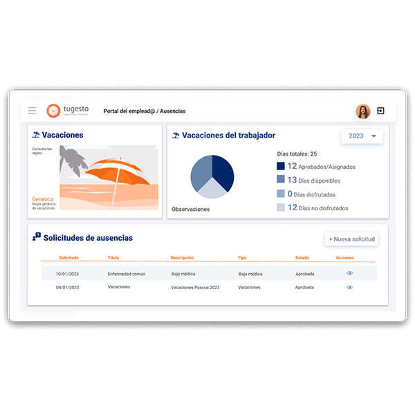 tugesto screenshot: Gestiona las ausencias y vacaciones de tus empleados de forma sencilla, intuitiva y rápida.