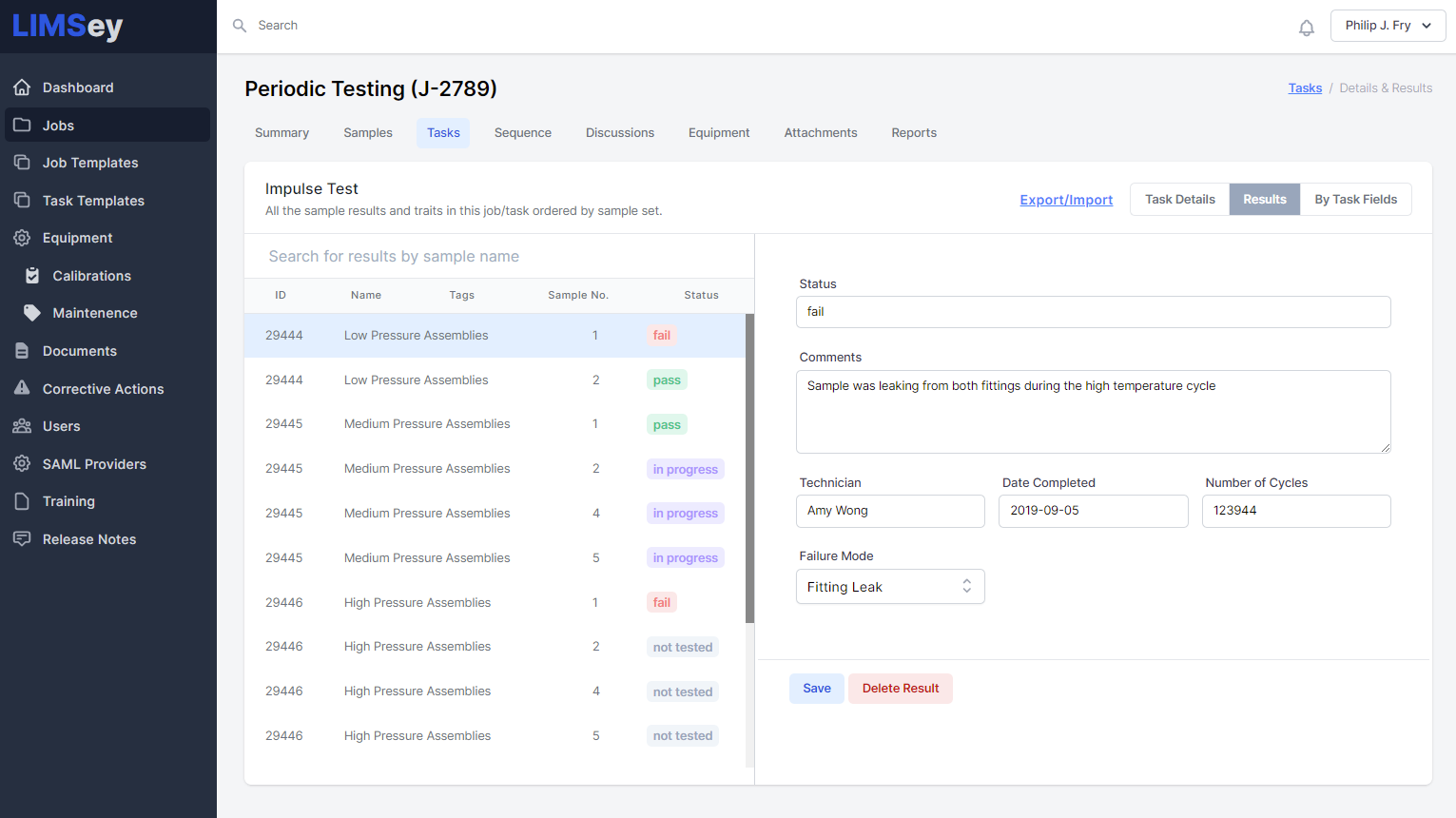 A result input screen for an individual test within a job.