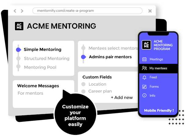 Mentornity screenshot: Set the best configuration for your mentoring program with your organization branding. Build your own model.