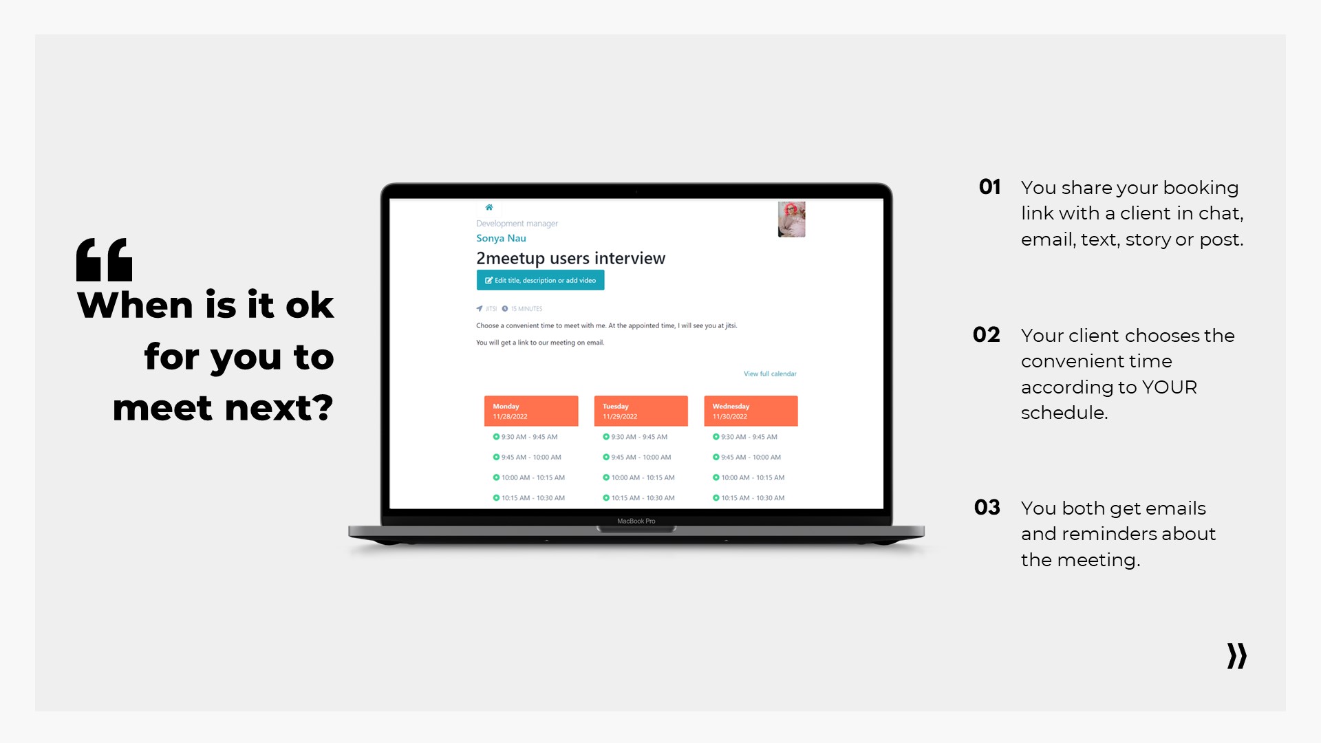 2meetup screenshot: Booking page