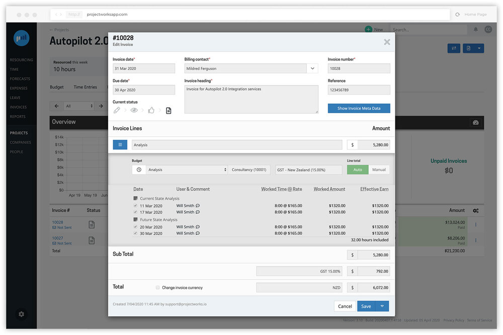 An invoicing flow that works for time-based billing, fixed-price engagements, or percentage-based billing. All integrated into your accounting system.