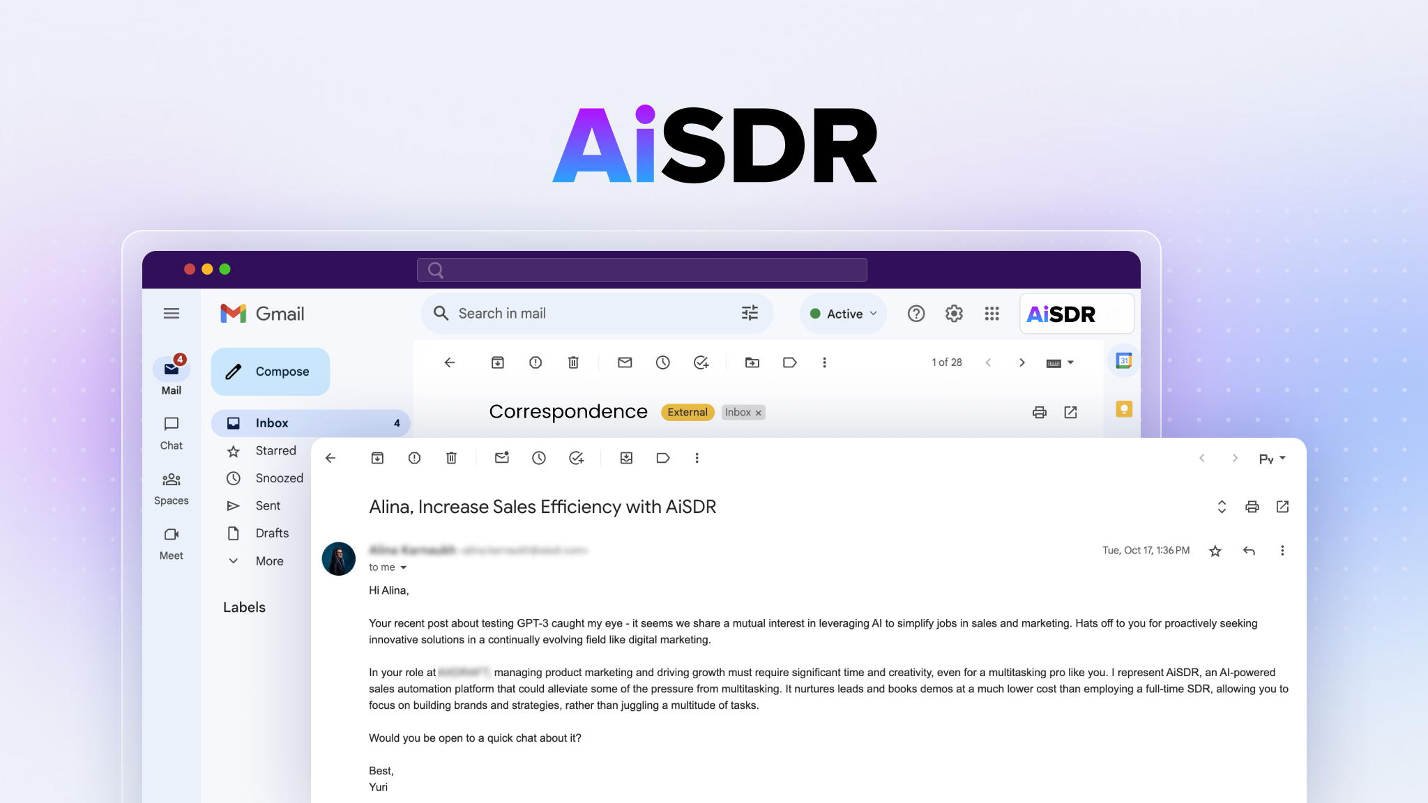 AiSDR emails in Gmail inbox