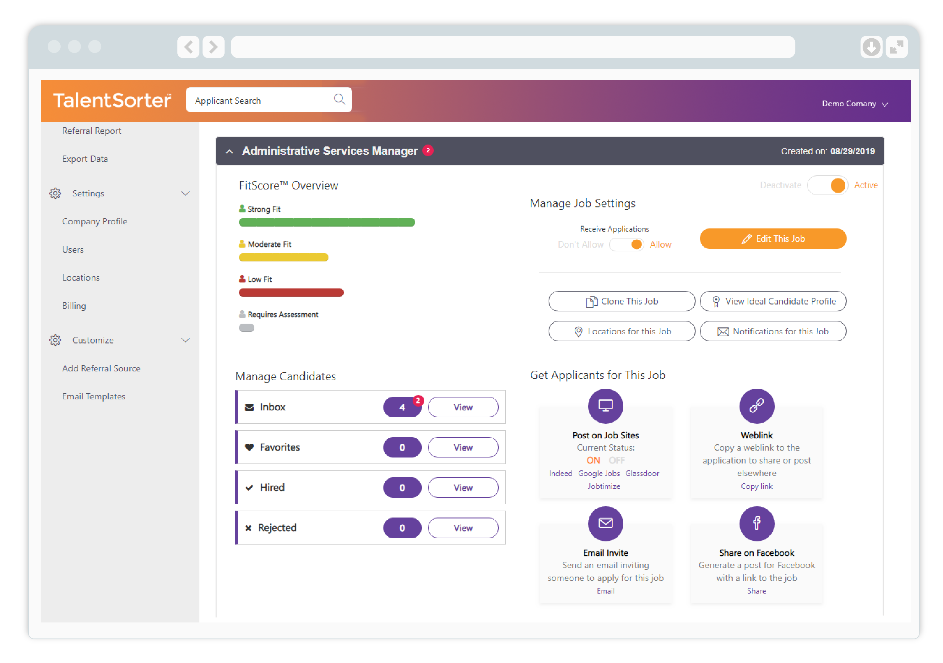 TalentSorter screenshot: TalentSorter Dashboard – Overview of Open Position for Administrative Services Manager